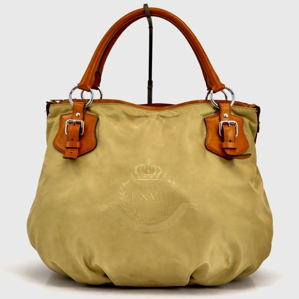 Lauren Ralph Lauren Nylon Tote Bag Tan Leather Trim Crest Logo Shoulder Bag